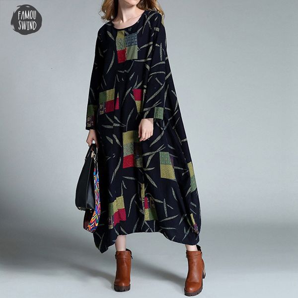 

long dress autumn women baggy vestidos casual o neck long sleeve cotton linen kaftan casual loose plus size dress, Black;gray