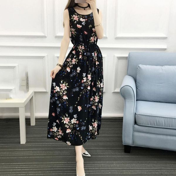 

fashion women o-neck sleeveless soft dresses ladies vest floral print a-line dress female vintage summer beach sundress sukienka, Black;gray