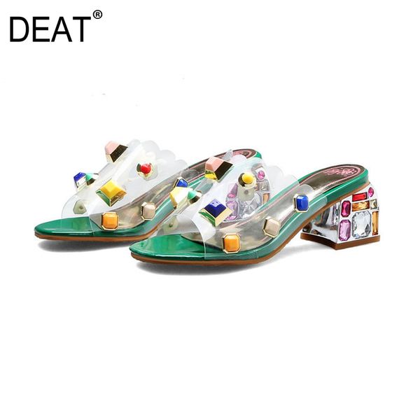

deat] 2020 new spring summer round toe transparent pvc hit colors crystal rivet high heels slippers women shoes tide 10i258, Black
