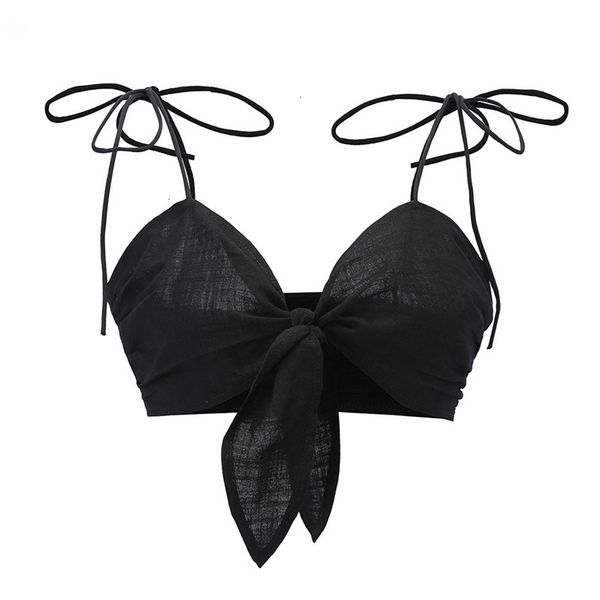 

ladies tank crop strap bow black white crop women v neck tie up tee female beach camisole