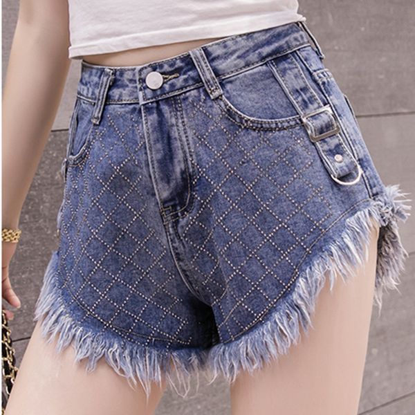 

sell tassel raw hem fringed grid pattern fix artificial stone denim blue jeans mini shorts for ladies women