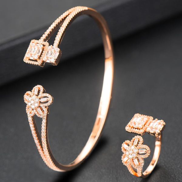 

godki 2pcs flower bangle ring set for women micro baguette cubic zircon party wedding saudi arabic dubai jewelry sets2020, Silver