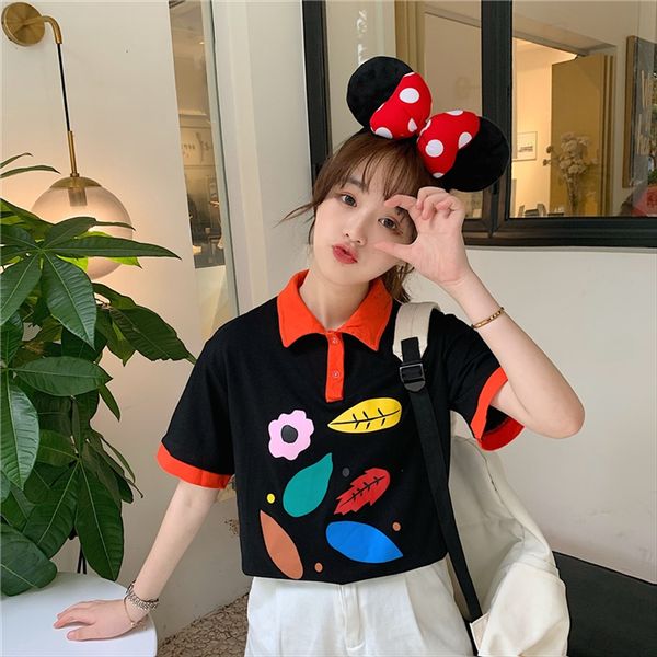 

mt99# 26 cotton lapel t- shirt women's short sleeve fashion polo shirt with collar loose ins hong kong flavor, White