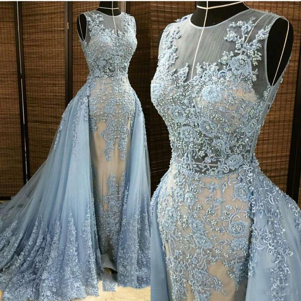 2018 Mode Applizierte Perlen Meerjungfrau Abendkleider mit abnehmbarem Zug Günstige Sheer Neck Elie Saab Arabisch Prom Formelle Kleider