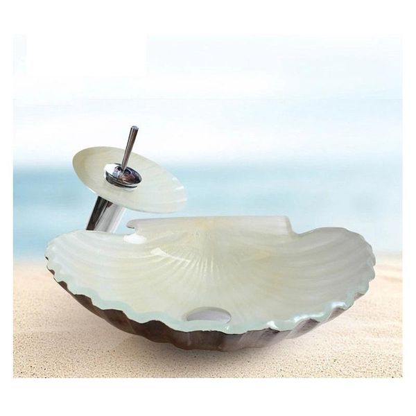 

12l bathroom tempered glass sink melt color scallop art basin l toilet seashell shaped counterwashbowl set +faucet +drainer