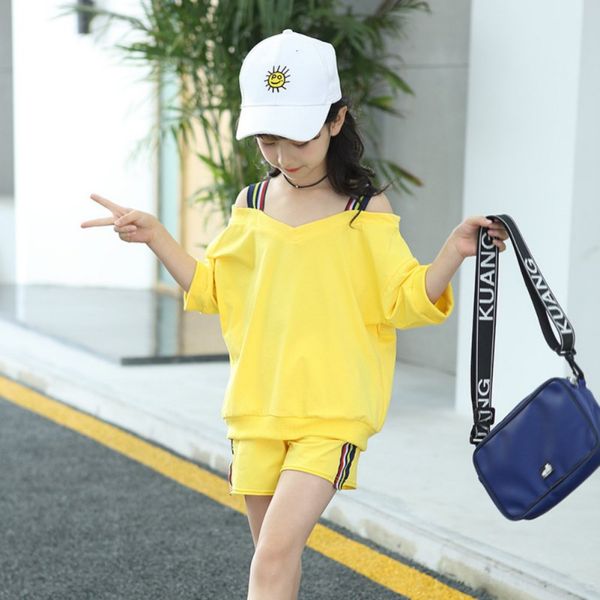 

летние дети девушки одежда новый повседневная с коротким рукавом полосатый ремень футболки топы + шорты спортивная детская одежда набор 3-8t, White