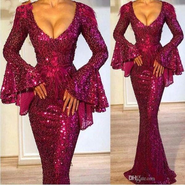 

deep grape long sleeve mermaid evening dresses plung v neck sparkle sequined long formal pageant celebrity gowns arabic prom wear, Black;red