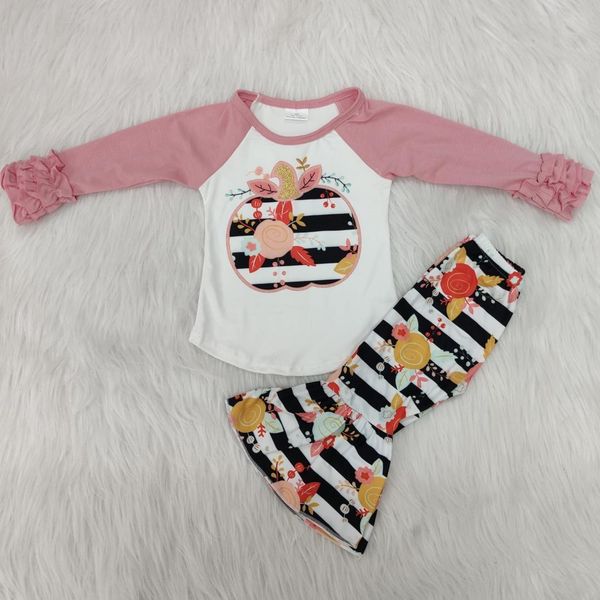 

pumpkin screen print floral pants fall set toddler girl clothing, White