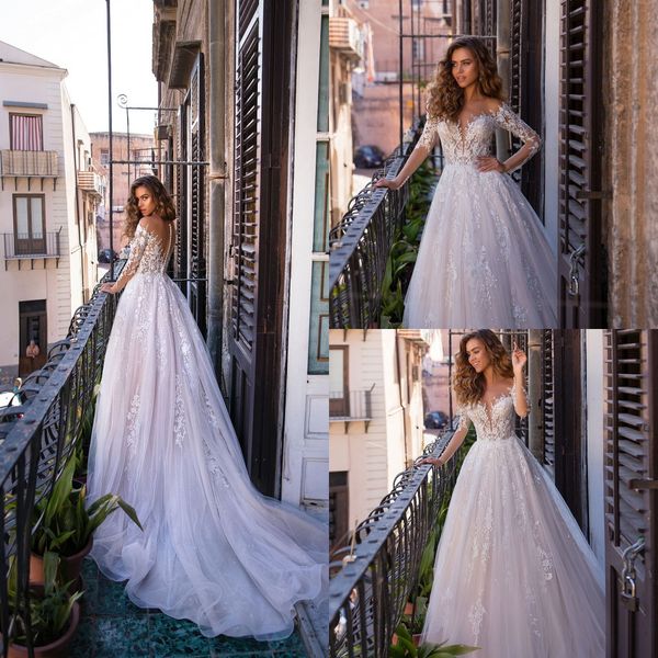 

lussano 2019 новые свадебные платья с открытыми плечами и длинными рукавами кружевные аппликации свадебные платья sweep train a line свадебн, White