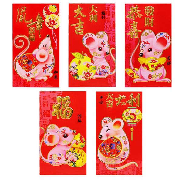 

6pcs chinese style red money envelope thick paper 3d words patterns lucky cartoon rat red packet 2020 new year envelope