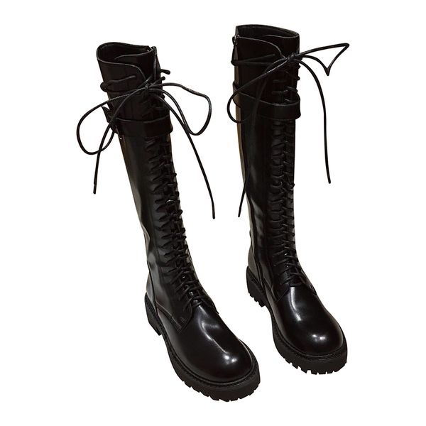 

winter belt buckle strap black leather women knee high boots lace up side zip long boots fashion women girls motorcycle boots