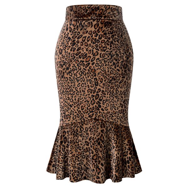 

women's skirt leopard pattern hips-wrapped bodycon pencil skirts with mermaid hem retro elegant slim office skirt falda, Black