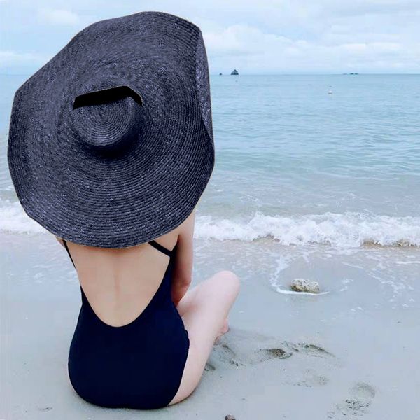 

fashion large wide brim sun hat beach anti-uv sun protection foldable cap cover straw solid color foldable beach hat seaside, Blue;gray