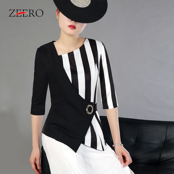 

fashion women skew collar irregular blouse female three quarter sleeve striped shirt office lady bandage shirt 2019, White