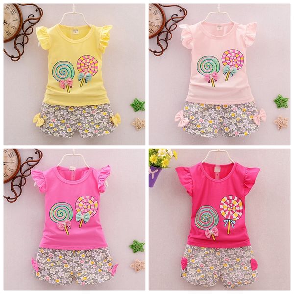 

baby girls outfits lollipop printed kids floral shorts 2pcs sets sweet girls clothes set fashion kids clothing 7 colors dhw2448, White