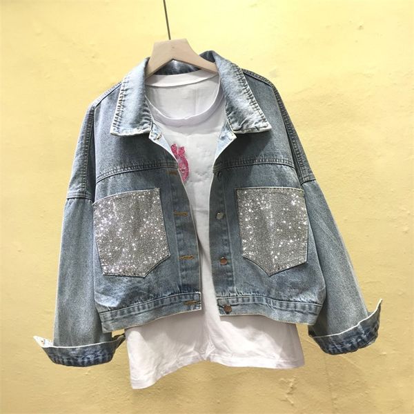 

2019 new jeans jacket women spring short casual denim coats splice autumn female single-breasted long sleeve sequin outerwear, Black;brown