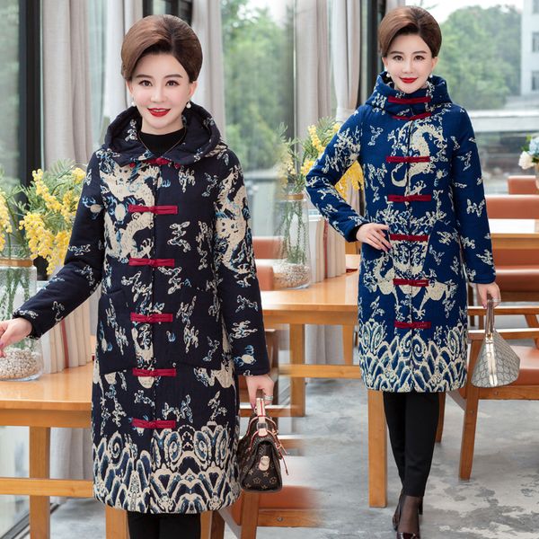 

plus-size 6xl winter parka retro buckle jacket women cotton-padded warm jacket hooded printing cotton coat middle-aged mother, Tan;black