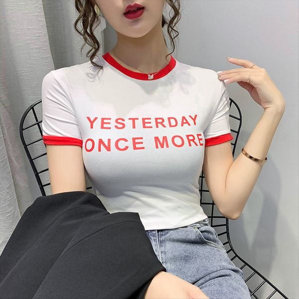 

2020ins contrast t- color short-sleeved t-shirt female slim slim shirt female, White