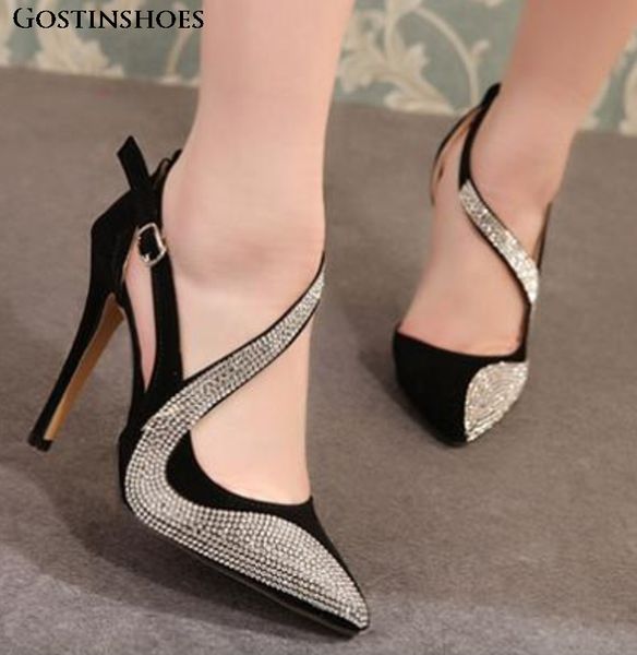 

shoes woman heels 11cm thin heel fashion stiletto crystal buckle high heels summer pumps women shoes, Black