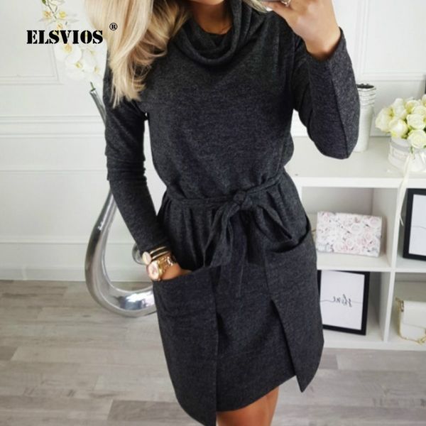 

elsvios женщины твердые водолазка нерегулярные пояса платье элегантный повседневная осень мини-платья зима партия карманы платье vestidos, Black;gray