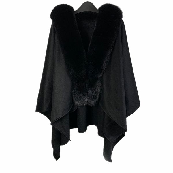 

bffur 2019 winter female real fur cape balck real fur shawl for women v-neck three quaeter collar jacket bat sleeved, Black