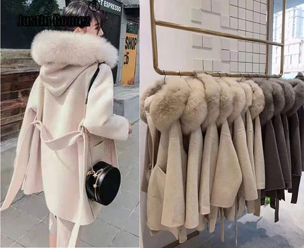 Casaco longo de caxemira versão coreana com capuz de pele de raposa real quente engrossar bolsos grandes casaco feminino feminino outwear casaco de inverno CJ191214