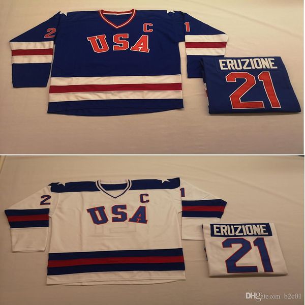 

1980 USA 21 Mike Eruzione White Blue Movie hockey Jerseys Men