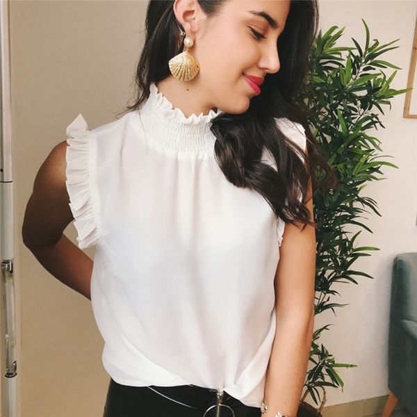 

2019 summer new women summer tank ruffle sleeveless button vest sweet girl lady white turtleneck tanks women clothes
