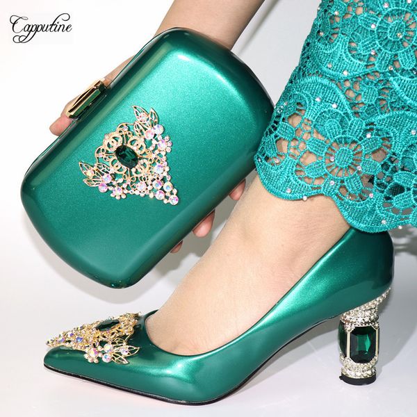 

excellent green african lady high heel pointed toe shoes with purse bag set for wedding/party vc894 heel height 6.5cm, Black