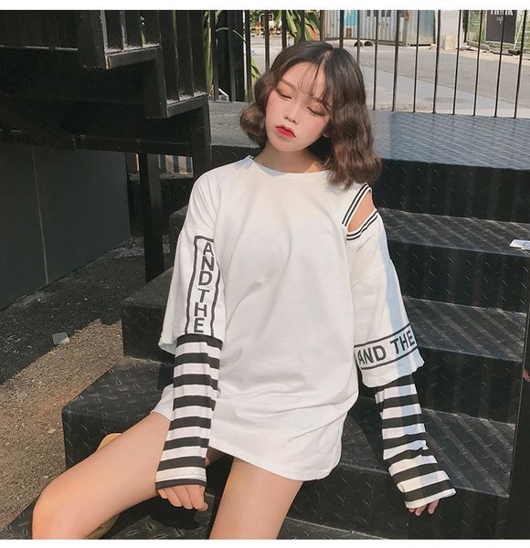 

2019 autumn fashion brand fake two-piece thin long-sleeved stitching shoulder-length sweater sweater sweater, White