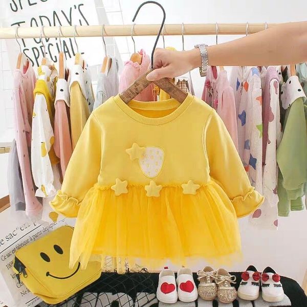 

2020 new spring dresses girl princess dress long sleeves pure color splicing gauze round collar dress 0-2years girl clothes, Red;yellow