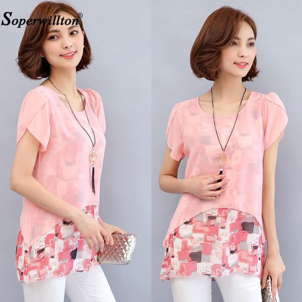 

2019 summer blouse women short sleeve chiffon shirt ladies fake two piece blusas femininas women clothing loose plus size 4xl, White