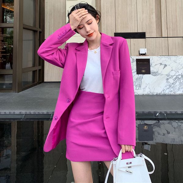 

2020 fashion rose red ladies skirt suit single breasted long blazer jacket+short a line skirt spring women suit 2 piece set, White;black