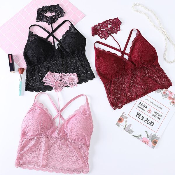 

women underwear bralattes lace floral hollow halter v neck camisoles fashion backless criss-cross lingerie padded bras, Red;black