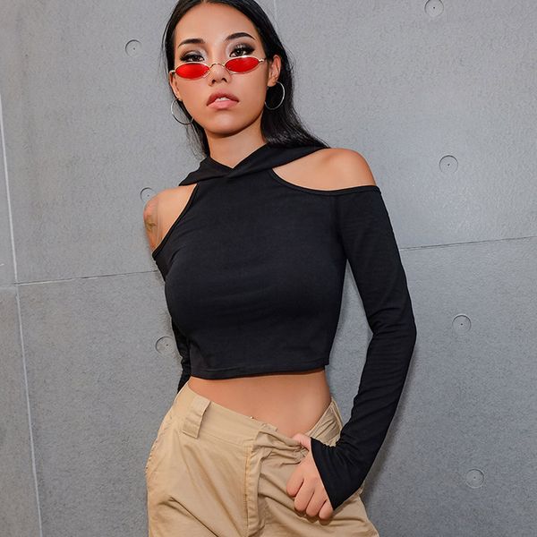 

fashion womens off shoulder t shirt women autumn black long sleeve hooded pullover casual t-shirt camiseta mujer, White