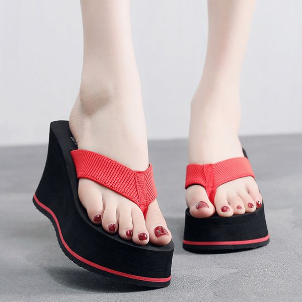 

increased 8.5cm non-slip wedges flip flops women beach summer slippers women fashion casual high heel slippers platform, Black