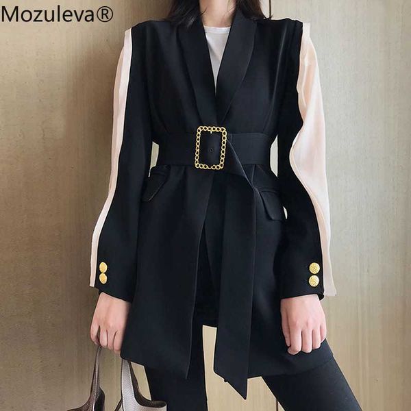 

mozuleva vintage sashes belted women blazer 2020 spring summer outwear lapel long sleeve patchwork black female suit jacket, White;black