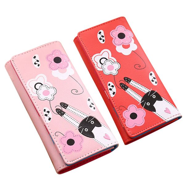 

women lady girl wallet purse long cat pattern buckle pu leather for money card coin ka-best, Red;black
