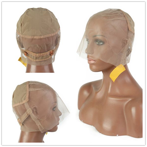 

human hair lace wig cap for making wigs hair adjustable straps full lace wig weaving mesh ladies elastic hairnets, Black;brown