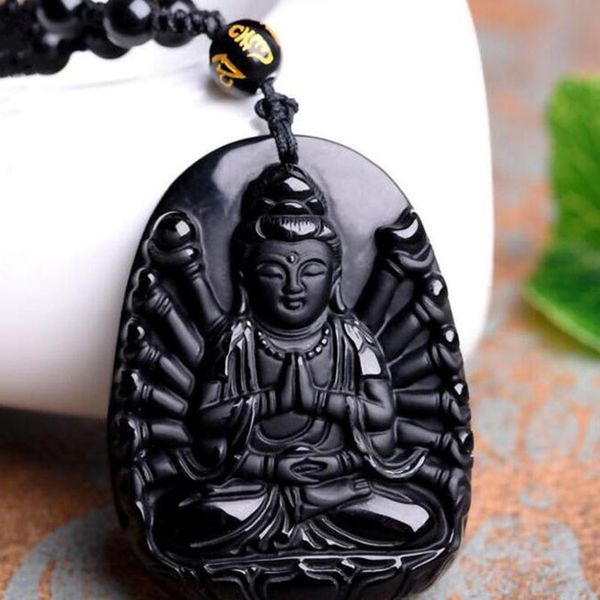 

natural obsidian thousand-handed avalokitesvara necklace pendant popular fashion men and women's boutique jewelry thousand-hande, Silver