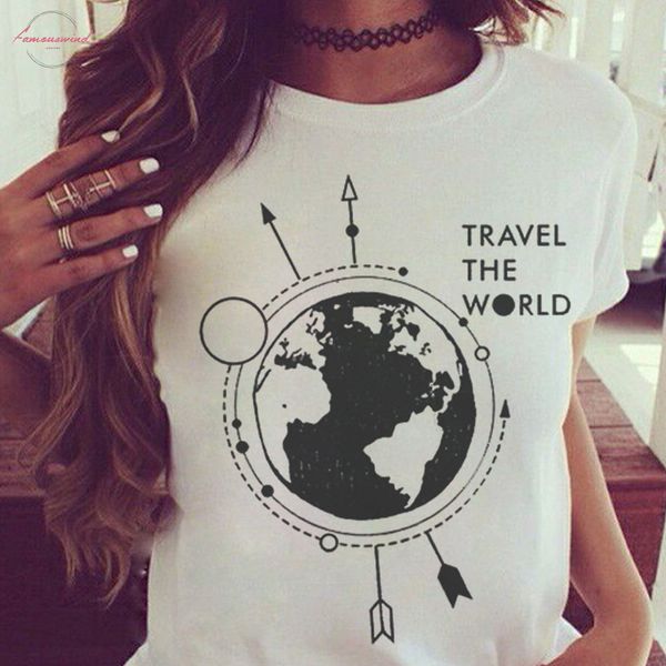 

summer women t shirt cosmic belief harajuku new ins travel the world tshirt women cartoon printed vogue casual tee shirt femme, White