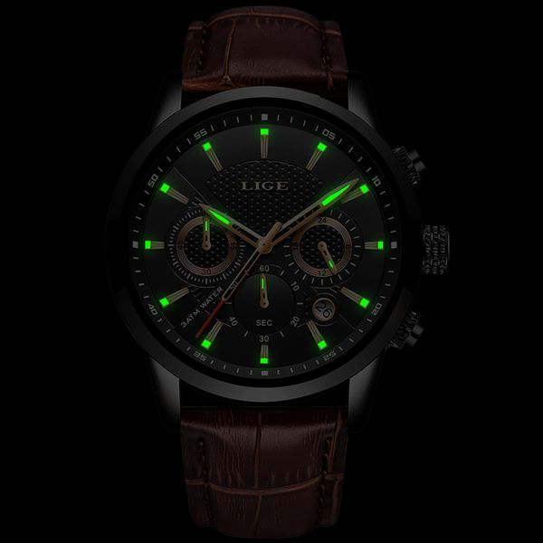 

relogio masculino men watches lige fashion waterproof chronograph quartz watch men casual leather sport watch, Slivery;brown