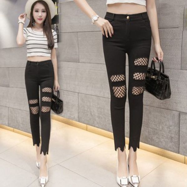 

women's jeans 2021 cotton high elastic imitate woman fish net skinny pencil pants slim ripped nine points black hole trousers xxxl, Blue