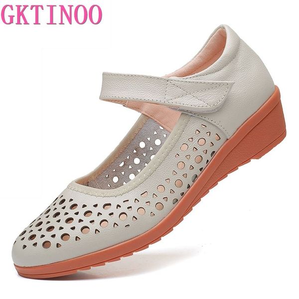 

gktinoo spring female genuine leather mary jane flat shoes woman summer shoes hollow breathable low heel ladies flats, Black