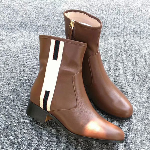 

latest luxury ankle boot women chelse boots 100%real leather winter shoes black bonny webbing trimmed flat booties classic black stripe shoe