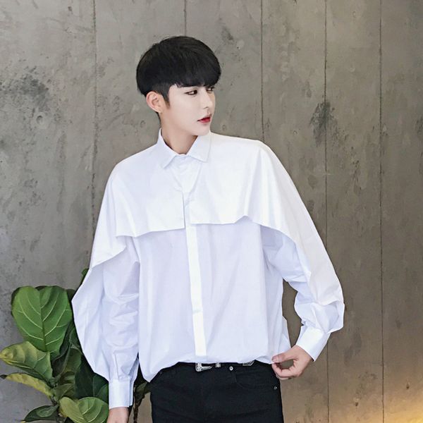 

double layer shirt men 2020 новых готическая рубашка с длинным рукавом мужчину твердого негабаритных сыпучие camicia uomo bat рукав, White;black