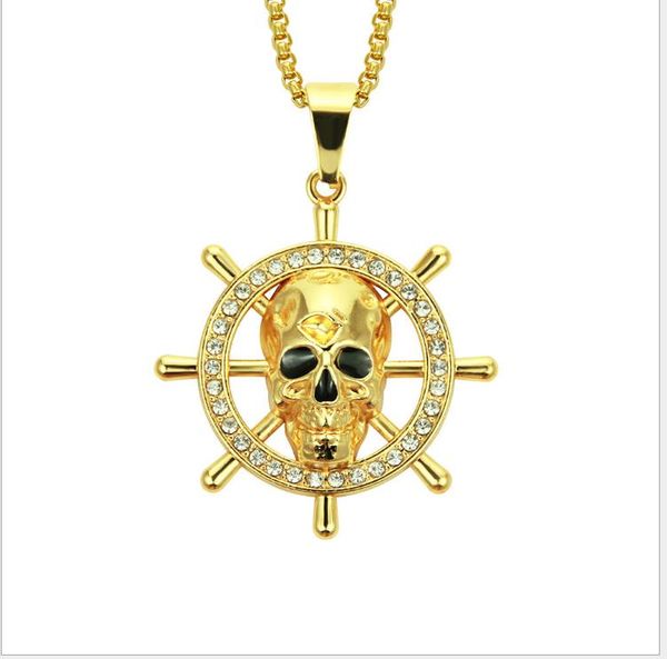 

new european and american fashion trend hip-hop skull head ship rudder pendant necklace men's personality skull necklace pendant, Silver