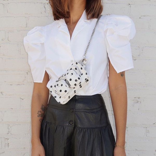 

deat 2020 spring short puff sleeve v neck white slim shirt women cotton mh850