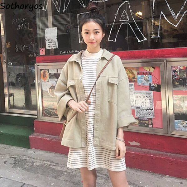 

jackets women retro simple loose solid turn-down collar womens coats korean style full sleeve pockets leisure females jacket, Black;brown