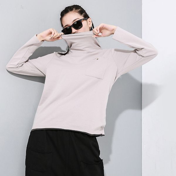 

women black split joint pocket temperament t-shirt new turtleneck long sleeve fashion tide spring utumn 2020 1n196, White